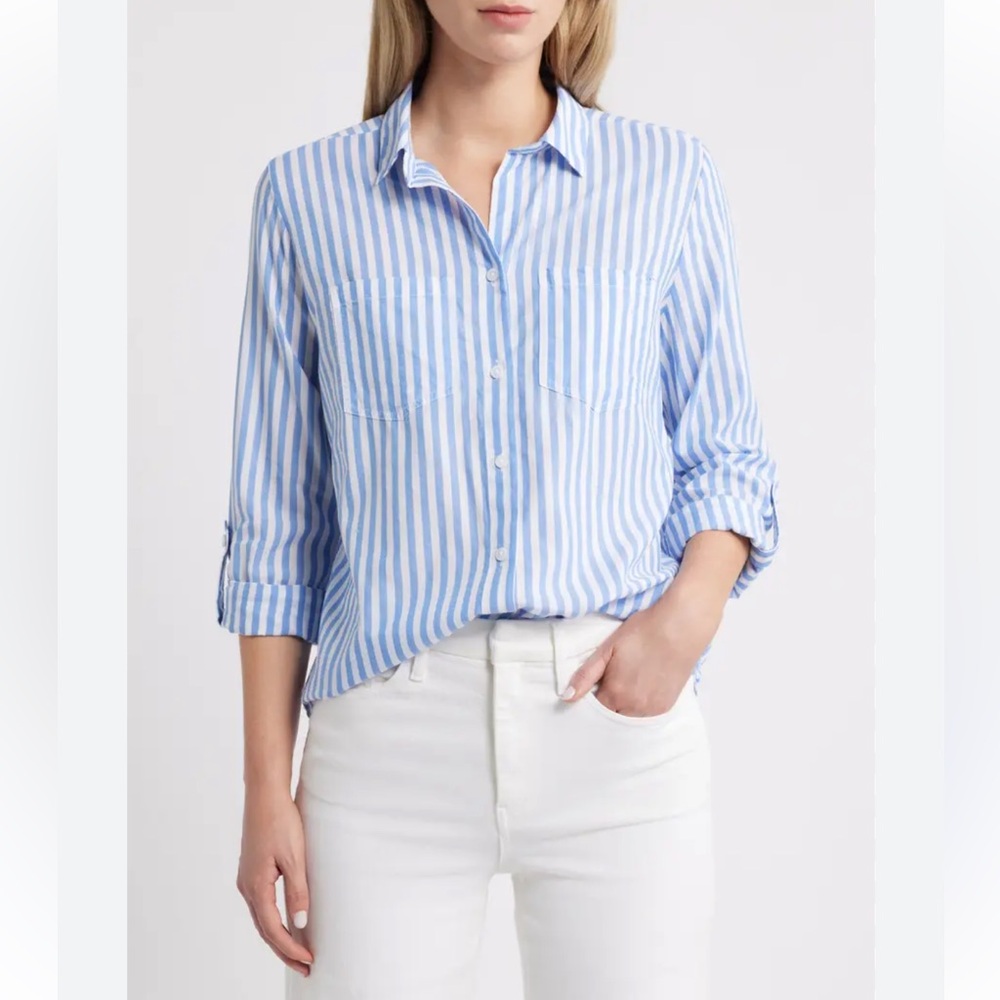 beachlunchlounge Annalisa Blue White Stripe Long Sleeve Classic Collar Shirt